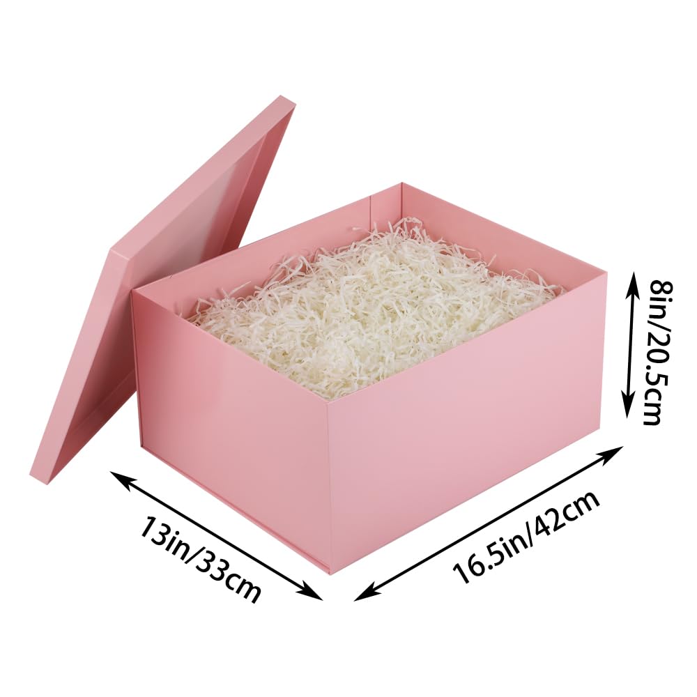 UoeRing 1Pcs Pink Extra Large gift box with lids 16.5×13×8 Inches gift boxes for presents,Birthday Box (include Ribbon, Paper Shred Filler Gift Card & Envelopes)