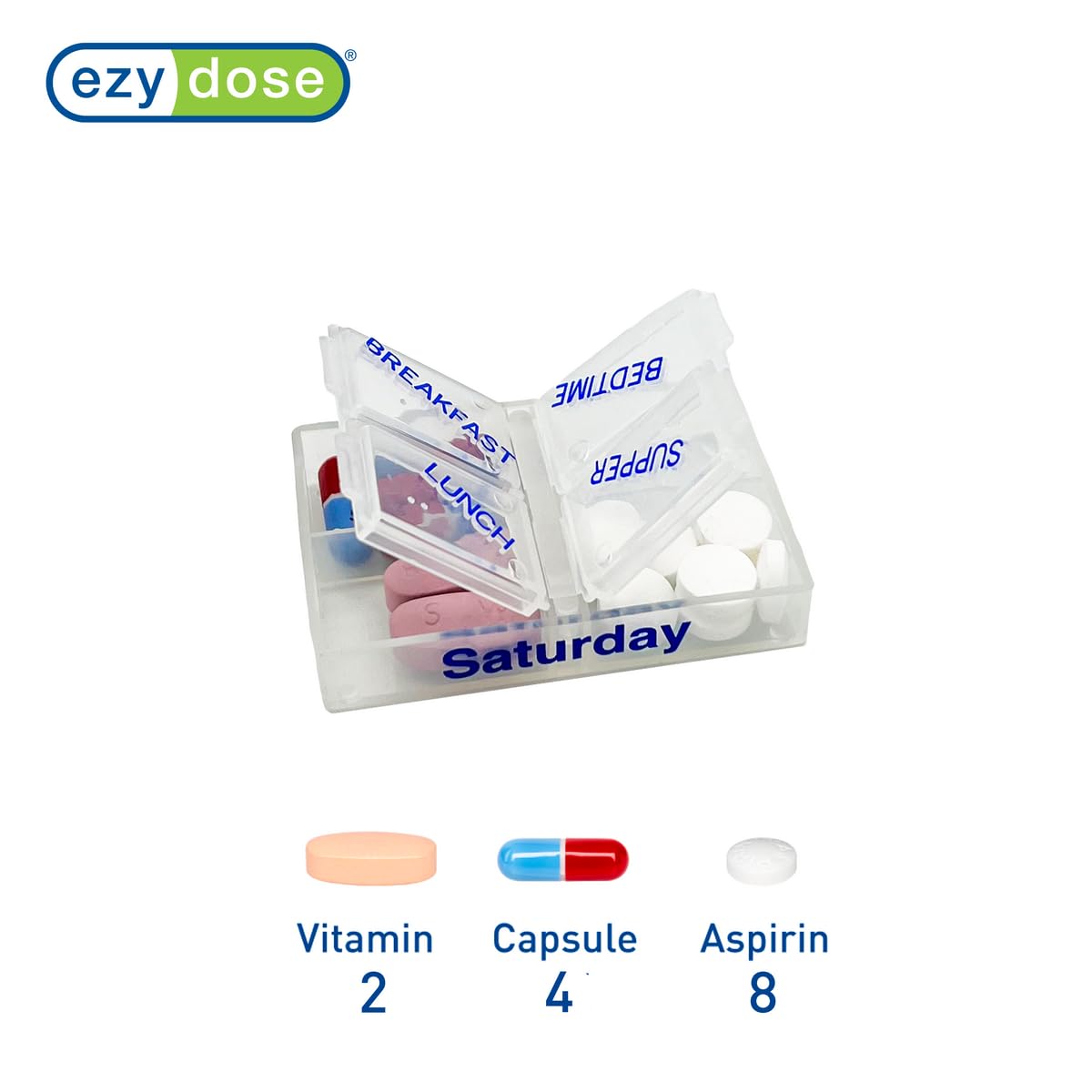 EZY DOSE Weekly (7-Day) Pill Case, Medicine Planner, Vitamin Organizer Box, Pop-Out Compartments, 4 Times a Day, Pocket Sized and Travel Friendly, Clear Lids, BPA Free