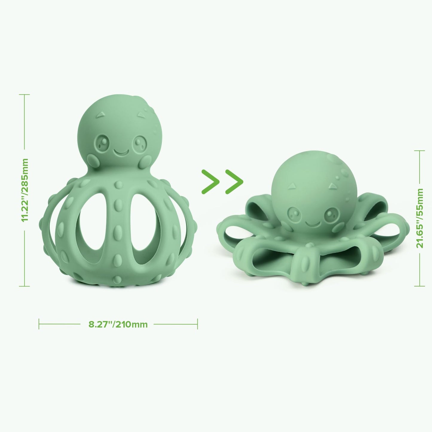 haakaa 2-in-1 Baby Teething Toy,Octopus Teether with Gentle Rattle,Soft Textured Teether for Sore Gums,Easy to Grasp Sensory Toy for Babies 3M+,Pea Green