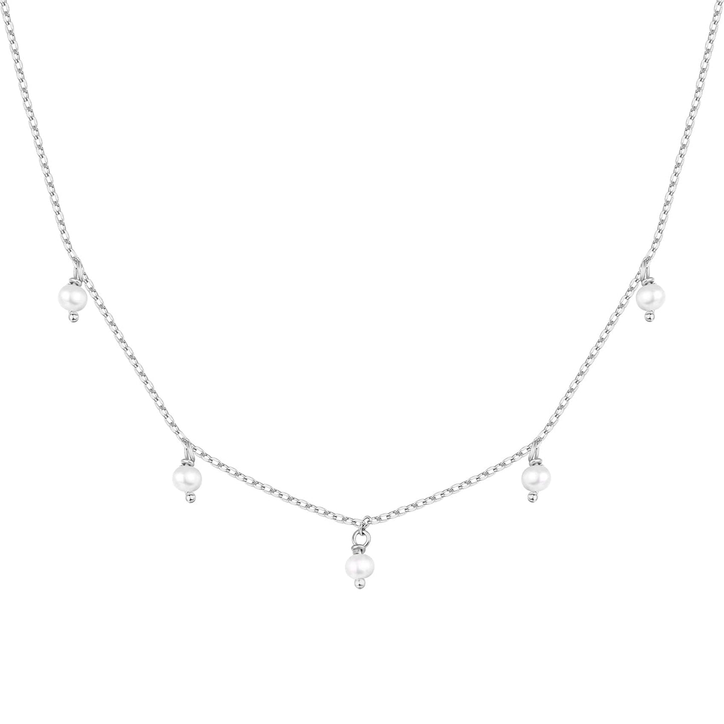 PAVOI Rhodium Plated Chain Necklace for Women | 925 Sterling Silver Chain with 3x3mm Polished Shell Pearls