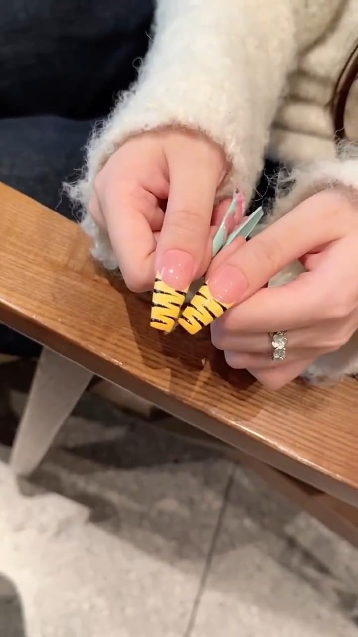 Press on Nails Long Square - 3D Design Lotus Flowers & Zebra French Tip, with Animal Print and Glossy Finish (M)