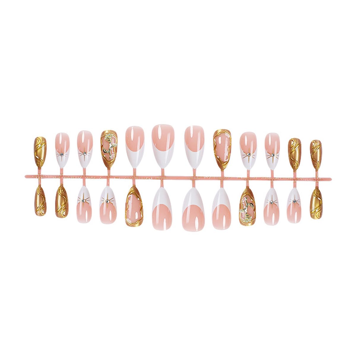Gold Press on Nails Medium Almond Fake Nails French Nails Press ons with Gold Rose Charm Design Reusable Artificial Nail Full Cover Glue on Nail Stick on Nails for Women Manicure 24Pcs