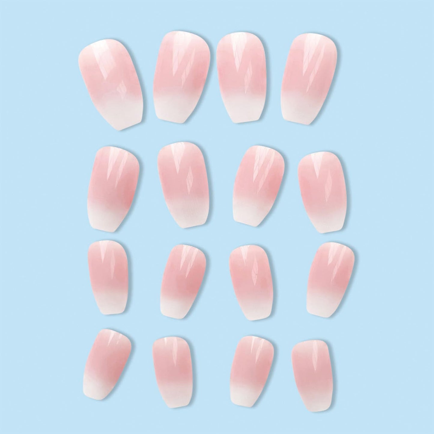 SINHOT Press on Nails - Medium Coffin Shape, Glossy Pink Ombre Gradient, 24 pcs with Design