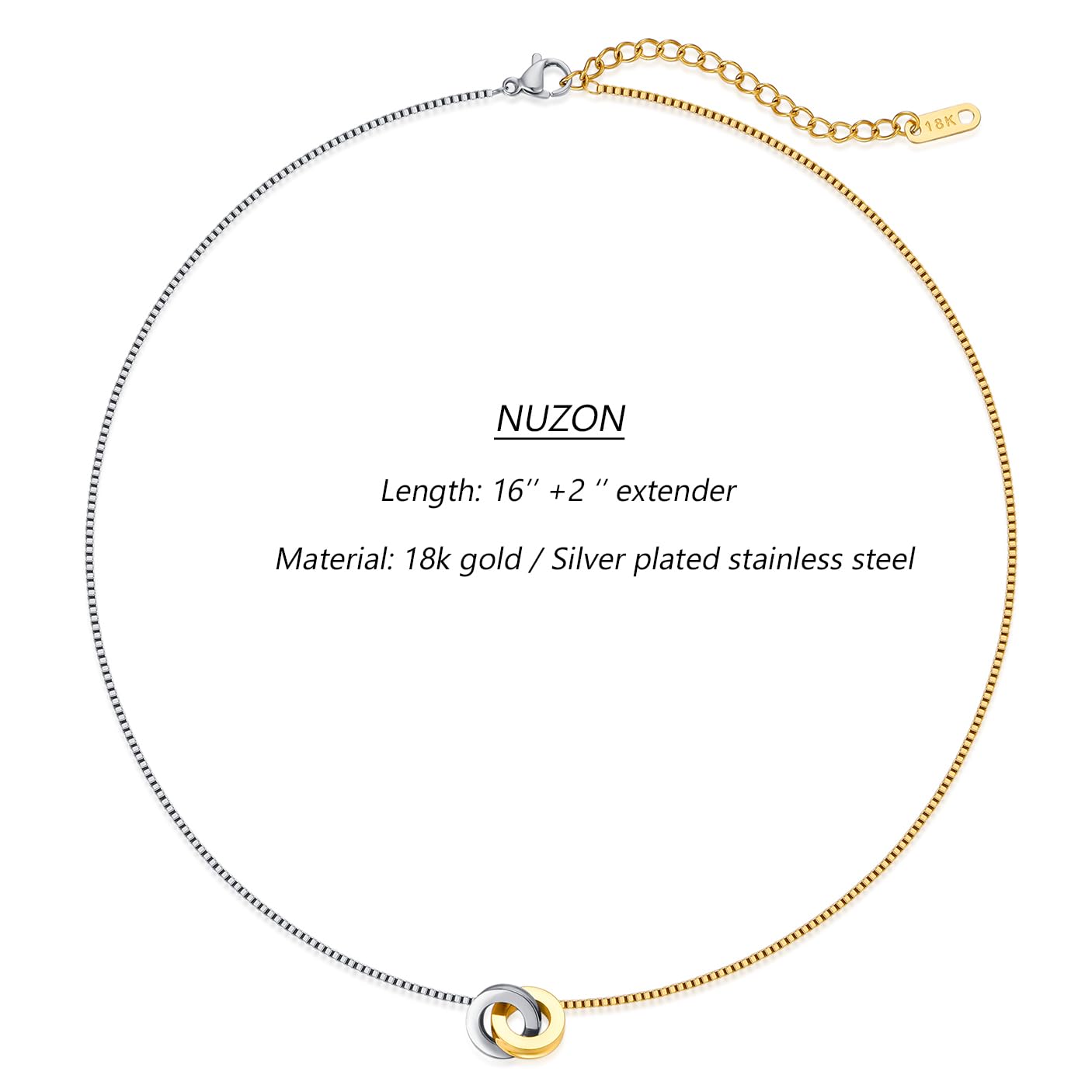 NUZON 2-Tone Interlocking Double Circle Necklaces for Women Infinity Mixed Gold & Silver Ring Pendant Stainless Steel Jewelry Best Friends 16’’