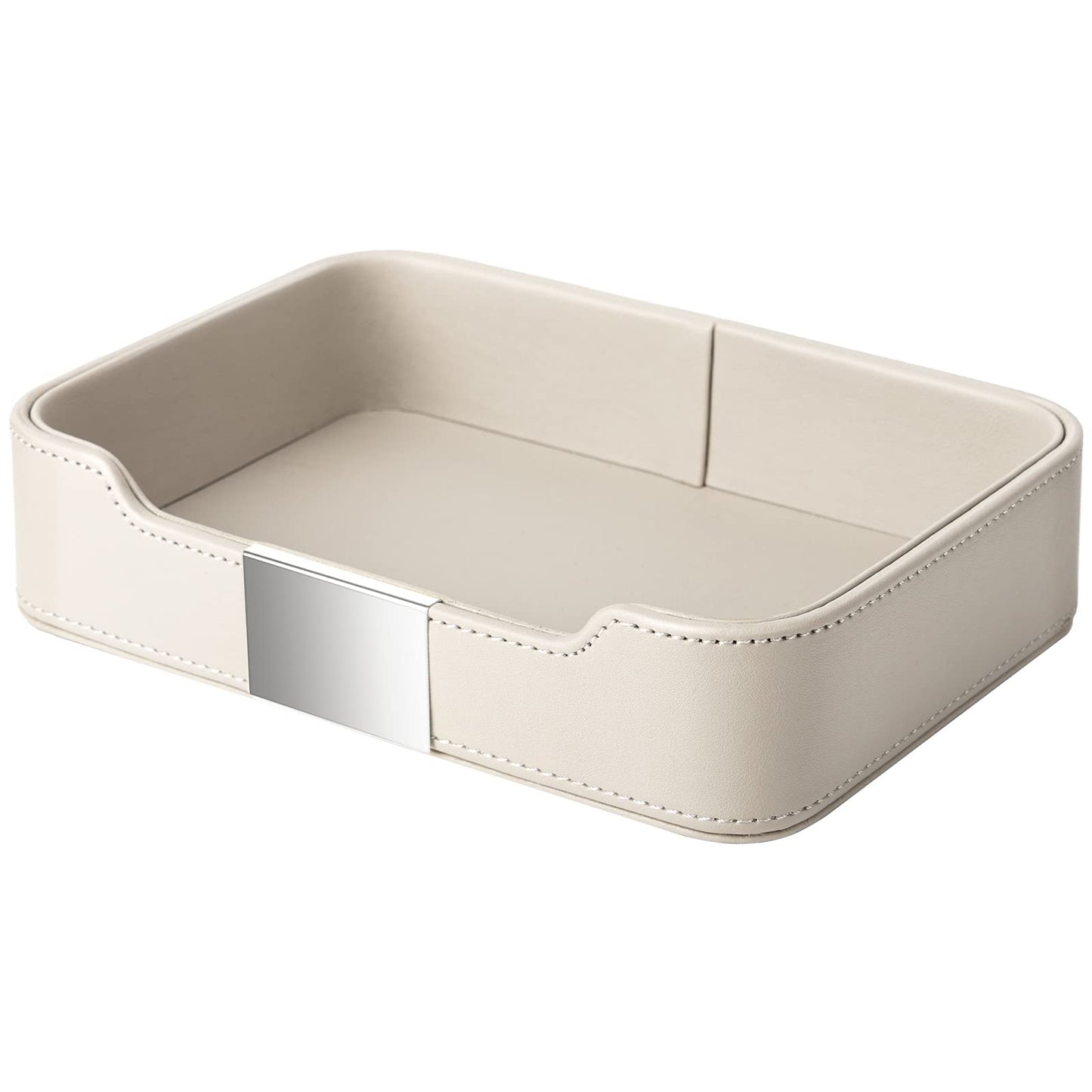 SANZIE Luxury Leather Tray Desktop Storage Catchall Organizer Decorative Tray for Entryway Table to Hold Jewelry Watch Keys Phone Wallet (Metal Silvered, Grey)