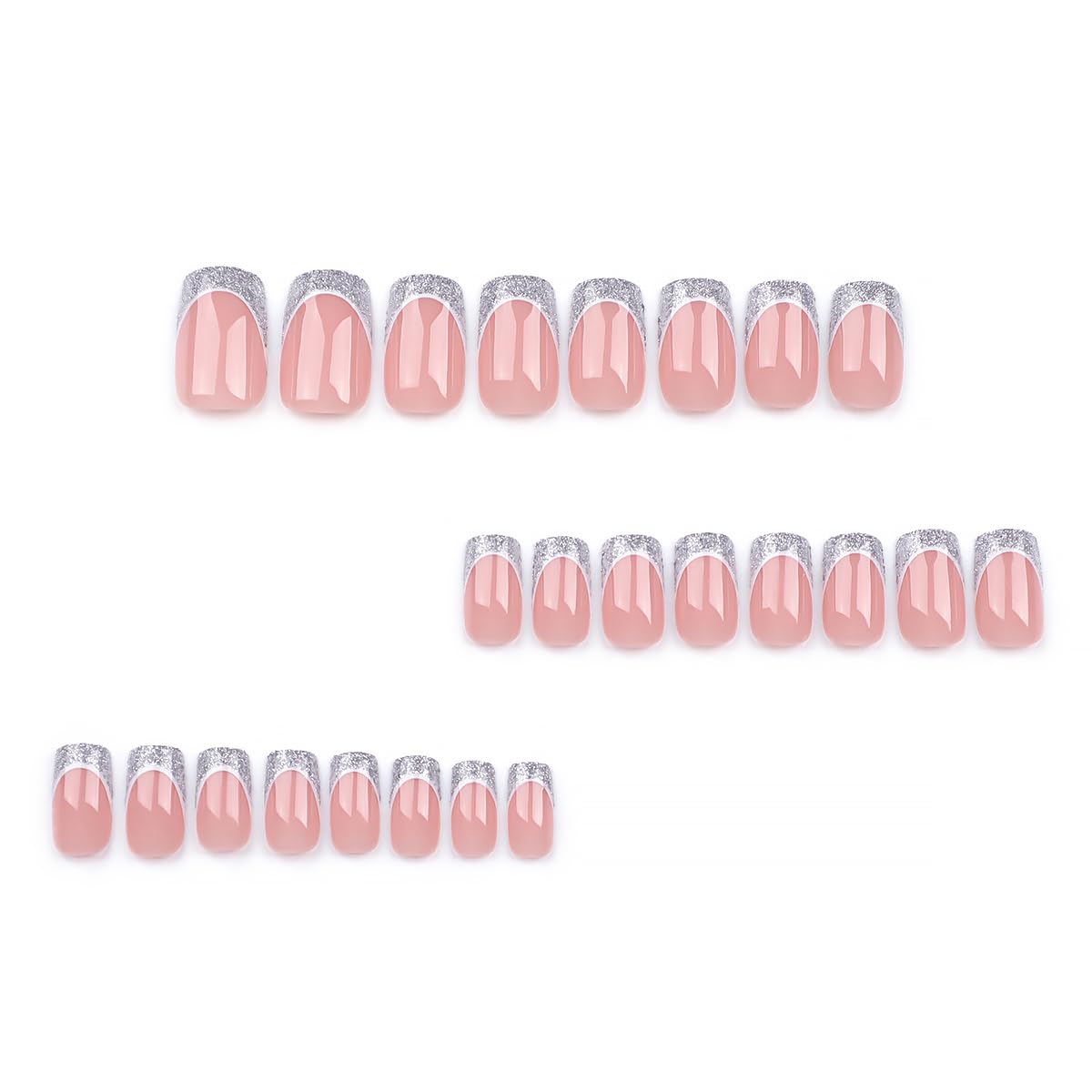 Silver French Tip Press on Nails Medium Square Fake Nails Nude Pink False Nails Stick on Nails Glitter French Glue on Nails Design Full Cover Artificial Artificial Nails for Women Manicure Salon 24Pcs