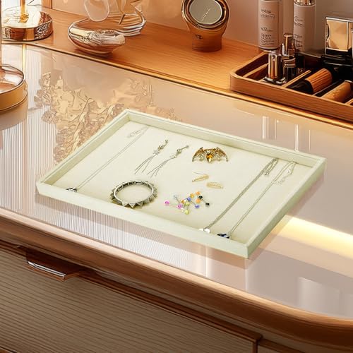 2 Pcs 13.8" x 9.5" Velvet Jewelry Tray Jewelry Display Tray Flat Tray, Stackable Empty Plate Trays for Earrings Necklaces Bracelet Rings Display Showcase - Light Khaki - color: Light Khaki, size: Flat Tray 13.8"x9.5"