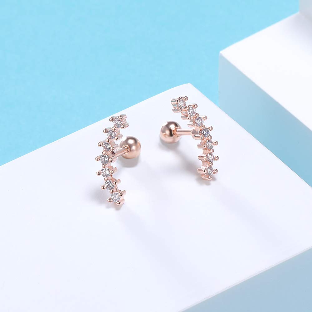 ZS Curve Seven Stud CZ Stud Earrings 316L Stainless Steel Ear Helix Conch Cartilage Piercing (Rose Gold)