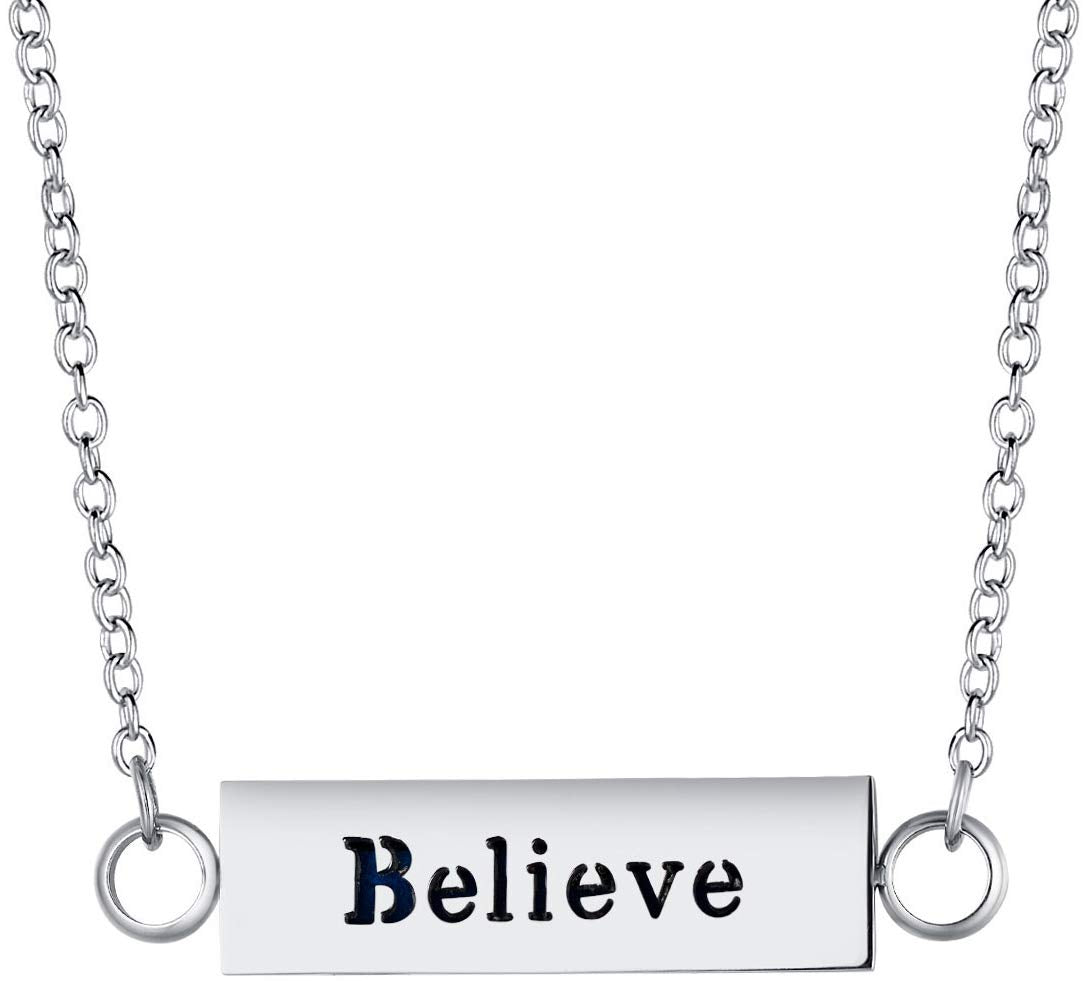 Wild Essentials "Believe" Essential Oil Diffuser Bar Necklace Gift Set - Includes Aromatherapy Pendant, 24" Stainless Steel Chain, 12 Color Refill Pads