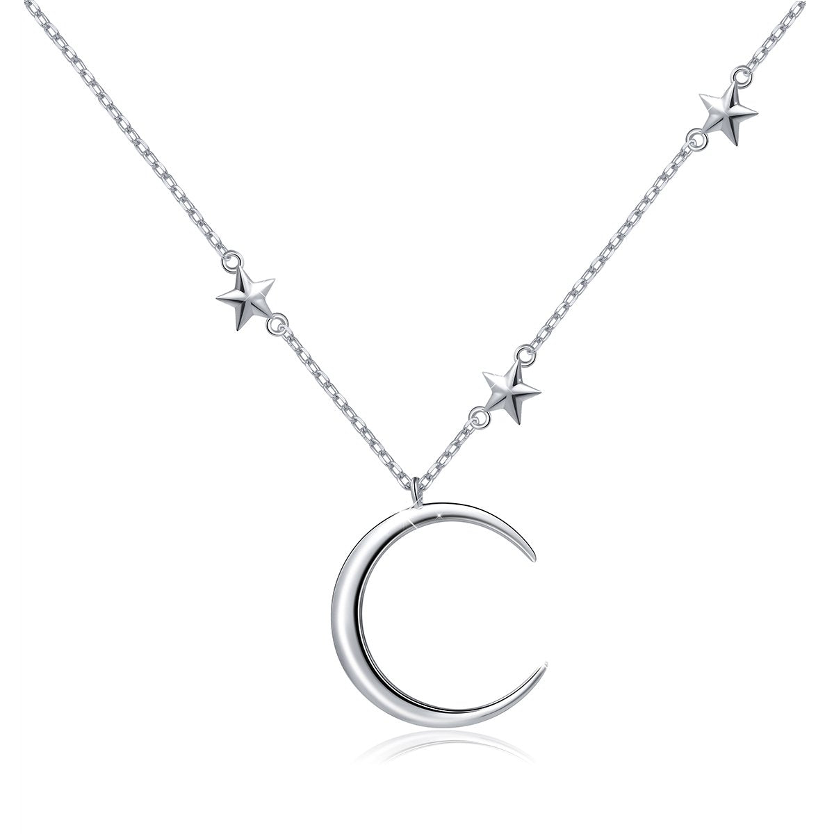 Ladytree S925 Sterling Silver Crescent Moon and Star Jewelry Pendant Necklace,Rolo Chain,18+2"