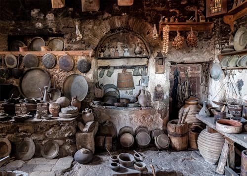12x8ft Fabric Rustic Old Kitchen Backdrop Old Village Stone Kitchen Antique Pantry Monasteries in Meteora Greece Background Rural Farmhouse Cooking Utensils Backdrop Photo Booth Props - size: 12x8FT