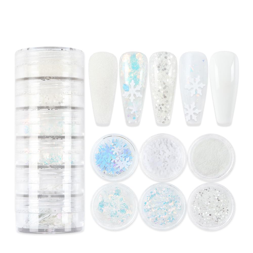 White Christmas Nail Art Glitters Winter Snowflake Nail Sequins, LPOODDNU 3D Holographic Christmas Snowflakes Nail Decals Winter Nail Art Decorations Accessories for Women Manicure DIY Craft