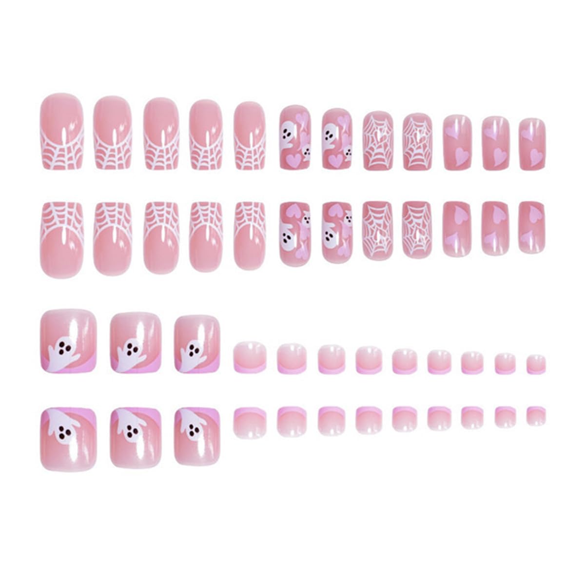 24Pcs Halloween Press on Nails Medium Square, 24Pcs Pink French Tip Fake Toe Nails Halloween Glue on Nails with Cute Ghost Spider Wed Designs Full Cover Stick on Nails for Women DIY Halloween Nails