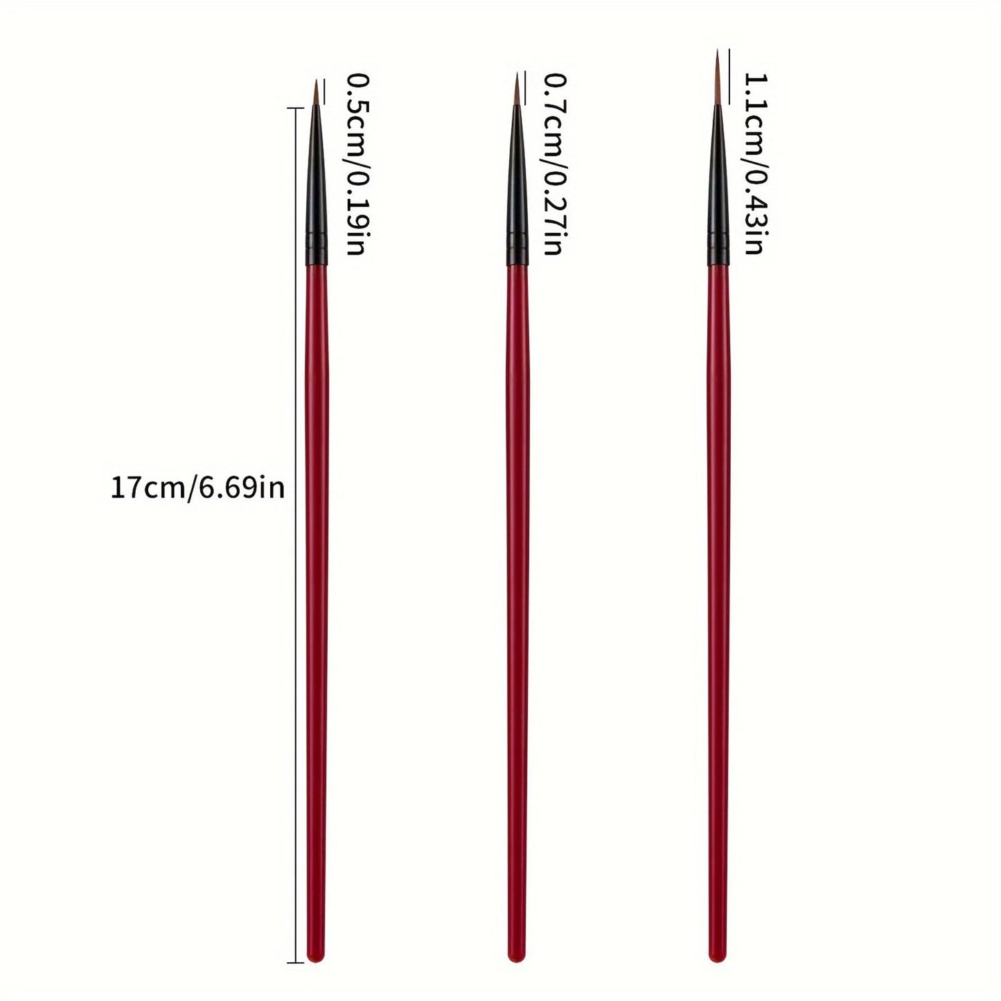 Nail Art Brush Set, Red Handle with Black Ferrule, Fine Tip Detail Brushes for Nail Design and Decoration 3 PACK