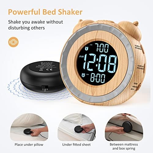 uscce Wood Grain Loud Dual Alarm Clock with Powerful Adjustable Bed Shaker | Vibrating Alarm Clock for Heavy Sleepers or Hearing Impaired - Easy Alarm Clock with 0-100% Dimmable Display & Battery Backup