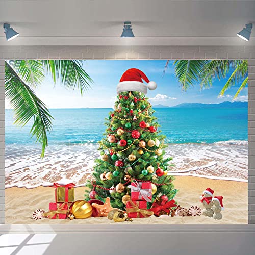 July Christmas Backdrop Banner Summer Christmas Tree Photography Background Tropical Beach Xmas Palm Leaves Blue Sky Ocean Family Holiday Party Photo Backdrop (7X5FT(82x59inch)) - size: 7X5FT(82x59inch)