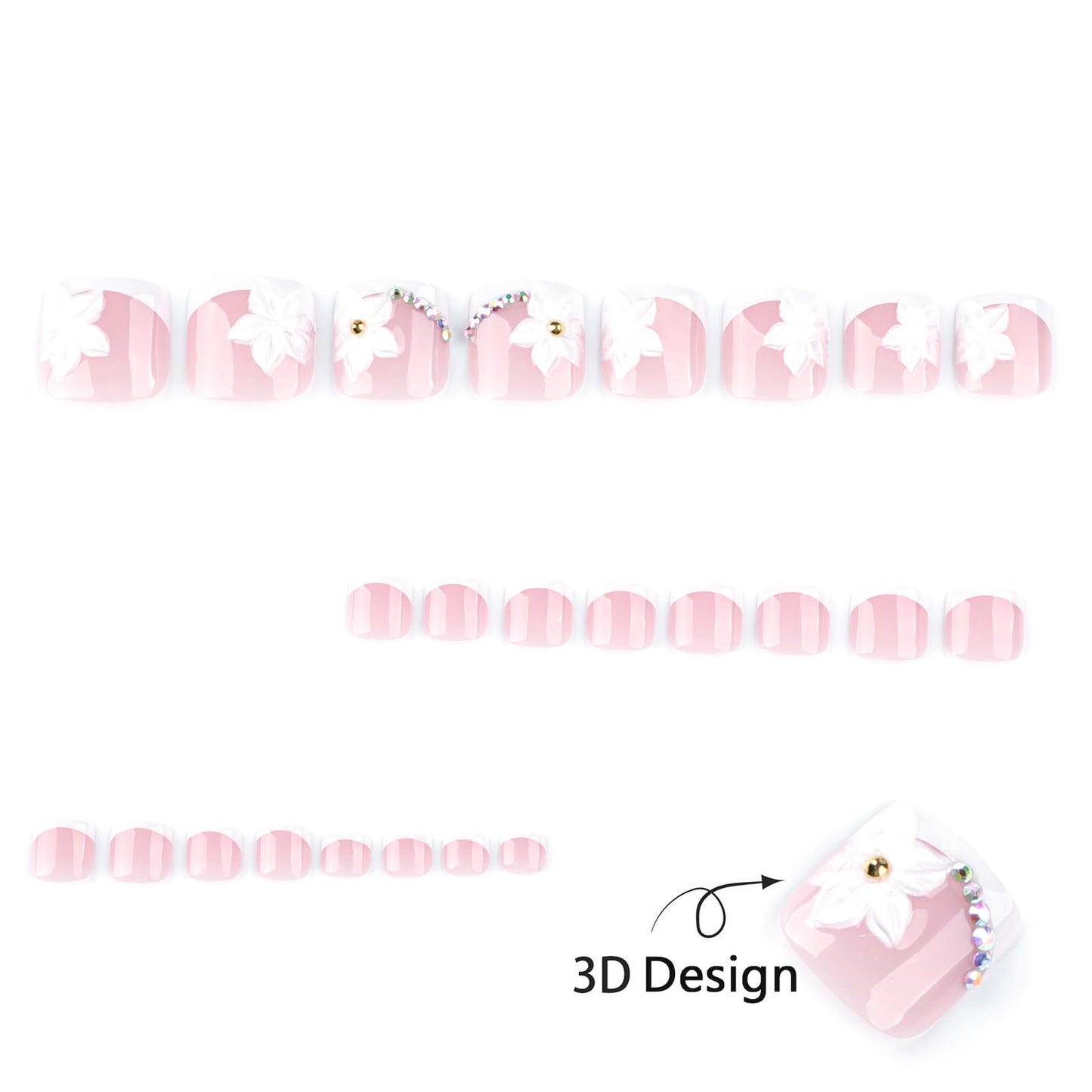 French Tip Press on Toenails Short Square Fake Toe Nails White Flower False Toenails 3D Floral Toe Press on Nails with Rhinestones Design Glossy Pink Acrylic Toenails Summer Nails for Women 24Pcs
