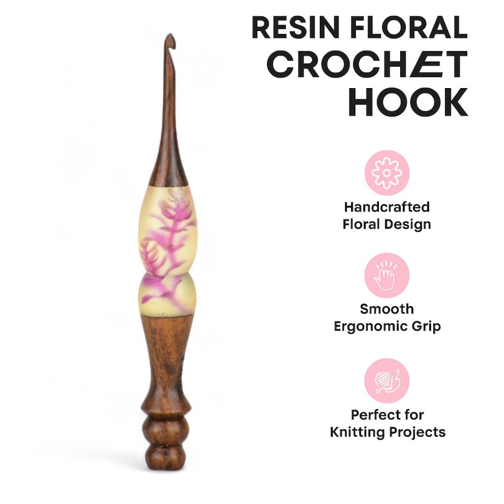 Resin Floral Crochet Hook Set – Ergonomic Wooden Handle with Handcrafted Flower Design, Comfortable Grip Crochet Needles for Knitting & DIY Craft Projects (Brown, 5 mm)