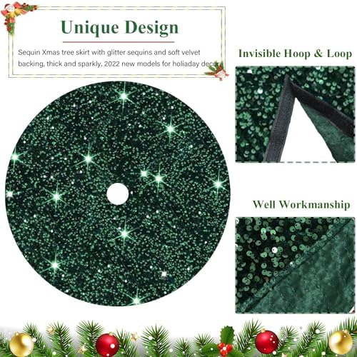 Emerald Green Christmas Tree Skirt Velvet Tree Skirt 21 Inch Small Sequin Tree Skirt Christmas Tree Mats Sparkle Rug for Christmas Tree Dark Green Tree Skirts for Slim Xmas Tree Decorations