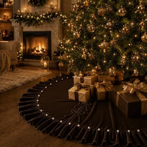 Christmas Tree Skirt,Velvet Tree Skirt with Ruffled Edge with Pearls, Classic Large Velvet Fur Plush Tree Skirt for Merry Christmas(Brown,60Inch)