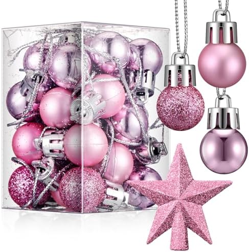 RoundFunny 25 Pcs Mini Christmas Balls Ornaments Set 0.79 Inch Christmas Day Ball Topper Star Tree Hanging Ornaments for Party Decoration(Pink)