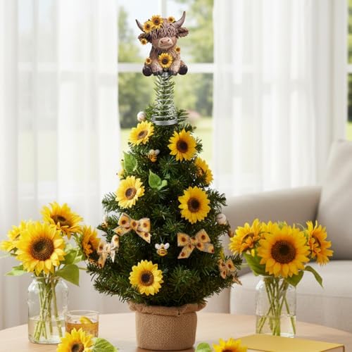 Gejoy Sunflower Highland Cow Miniature Tree Topper, 5.1 Inches Mini Resin Cow Treetop Decorations & Metal Spring Base, Cute Calf Lover Gifts for Farmhouse Kitchen Holiday Tiered Tray Desk Decor