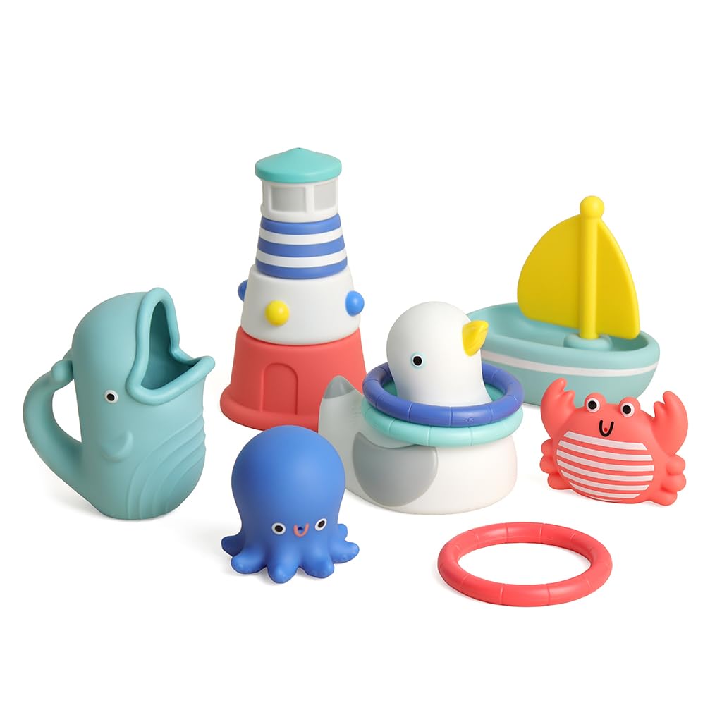 Itzy Ritzy Bathtime Gift Set – 12-Piece Baby Bath Toys for Infants & Toddlers – Stacking Lighthouse, Ring Toss, Scoop, Squirters & Sailboat – Develops Motor Skills & Teaches Cause & Effect (Nautical)