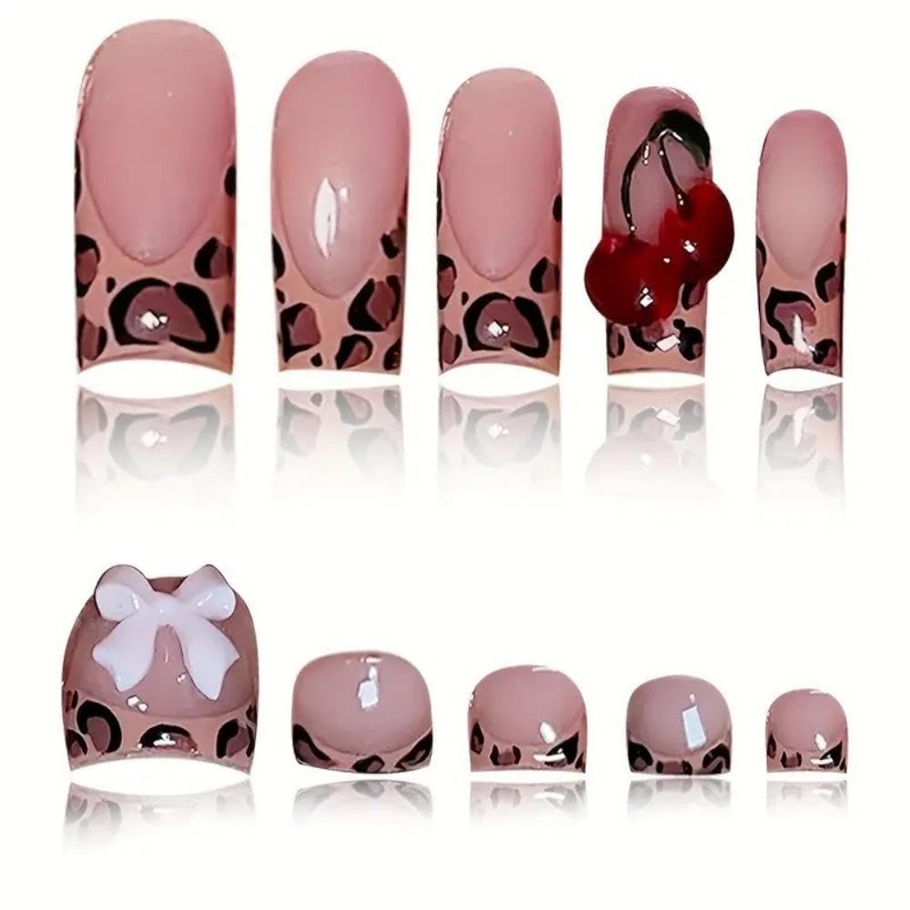 Leopard French Tip Press on Toenails Pink Press on Nails Medium Square Fake Nails with 5D Pink Bow Charms Design Glossy Skin Tones Fake Toenails 3D Cherry False Nails for Women DIY Manicure 48Pcs