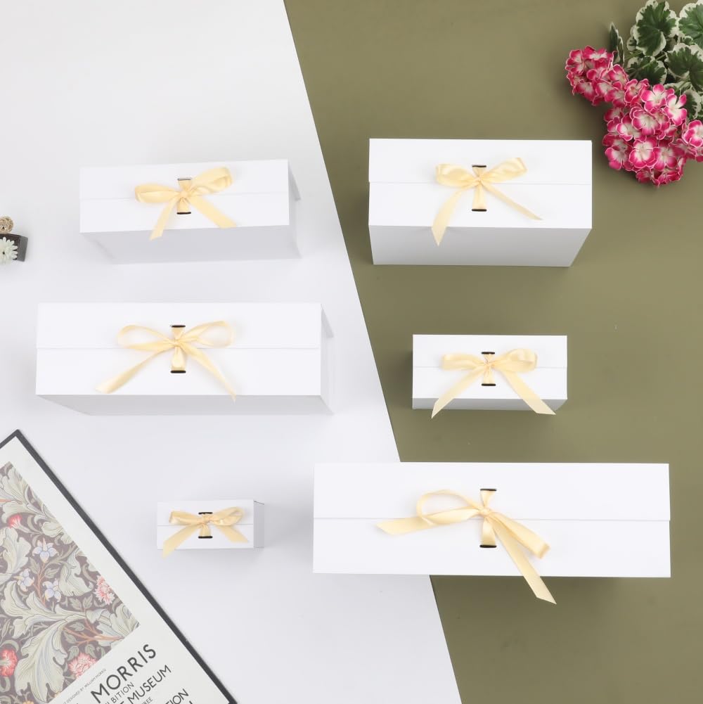 BoxSkivra Large White Gift Box with Ribbon 1 Pack 16.5X13X5.3 Inch Extra Large Gift Box with Lid Magnetic Closure Rectangle Collapsible Luxury Boxes for Wedding Dress、Shredded Paper Filler & Card