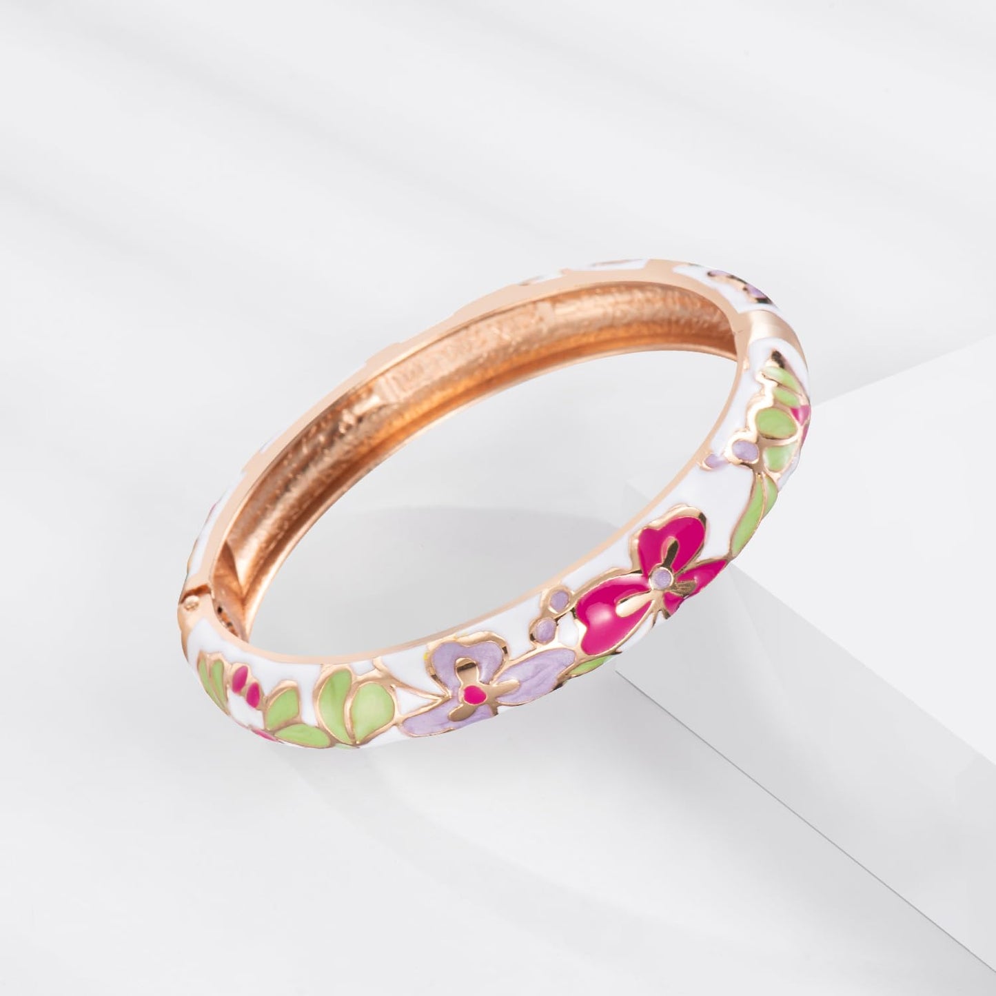 UJOY Gorgeous Bracelets Enameled Floral Cloisonne Gift Plated Cuff Bangles Jewelry Sets Box for Women 55A81-55A100 Pink White