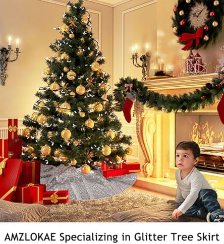 AMZLOKAE Silver Tree Skirt - 48 Inch Sequin Xmas & Halloween Tree Skirt - Sparkle Holiday Decorations