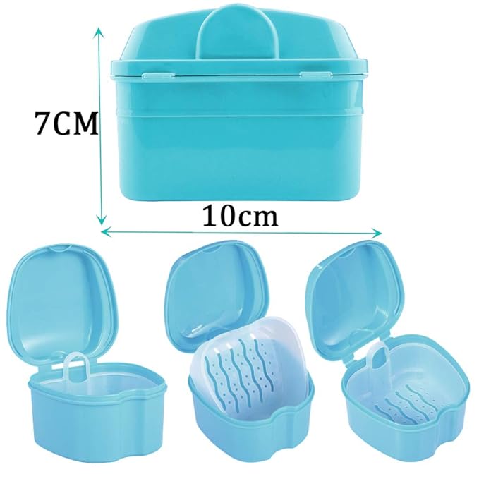 Denture Bath Box Cup, Complete Clean Care for Dentures, Clear Braces, Mouth Guard, Night Guard & Retainers,Traveling (Blue & Pink)