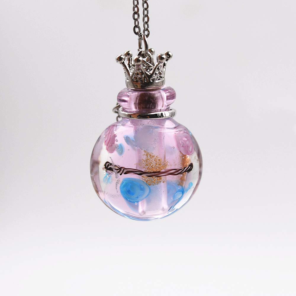 Stainless Steel Colored Glass Pendant Necklace Diffuser Perfume Pendant Aromatherapy Charms (Pink)
