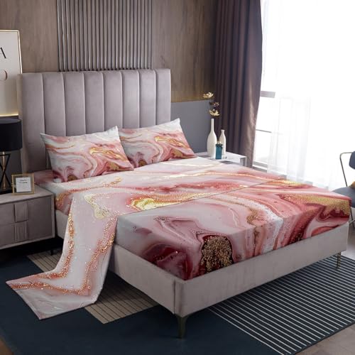 Girly Marble Bed Sheets - Pink Gold Marble Sheet Set for Kids Teen Girls Room Decor,Soft Modern Marble Texture Print Sheets,Women Glitter 4 Piece Bedding Set(1 Fitted Sheet,1 Flat Sheet,2 Pillowcases) - color: Multi 02, size: Full
