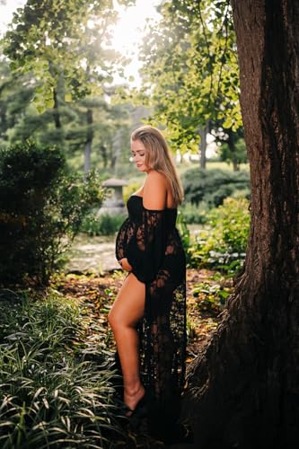 Saslax Soft Stretchy Lace Off Shoulder Doubly Split A-line Skirt Maternity Dress Pregnancy Maxi Gown for Photoshoot - color: Black, size: Medium