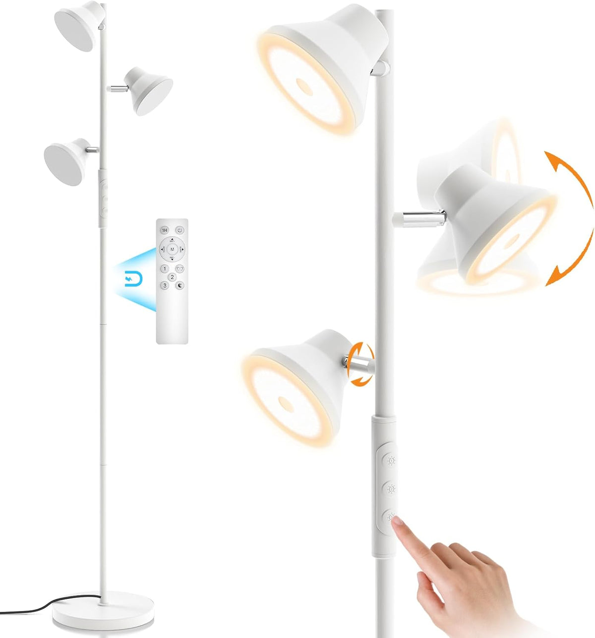 White Floor Lamp, 36W Modern Dimmable Standing Lamp 2700-6500K, 3 Rotatable LED Lights Reading Tall Lamp, Touch & Remote Control Floor Lamps for Living Room Bedroom Office