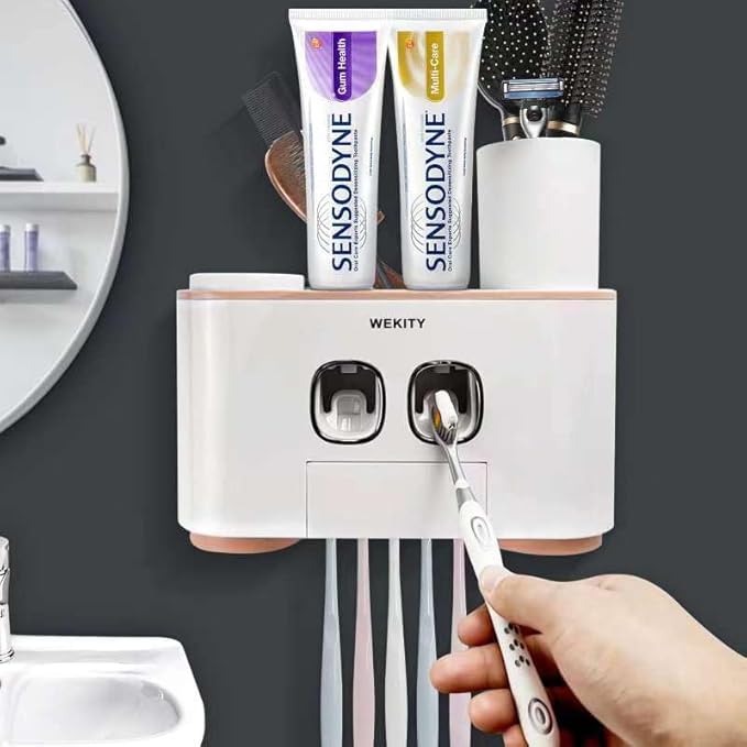 Toothbrush Holder Wall Mounted, WEKITY Multi-Functional Toothbrush and Toothpaste Dispenser for Bathroom, with 5 Toothbrush Slots, 2 Toothpaste Squeezers and 4 Cups(Pink)