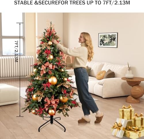 Christmas Tree Stand, Heavy Duty Metal Christmas Tree Base with Adjustable Eye Bolts, Stable Folding Tree Stand for 3-7 FT Christmas Trees