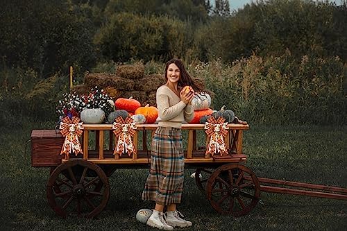 2PCS Fall Wreath Bows Thanksgiving Bows Pumpkin Stem Orange Buffalo Plaid Burlap Linen Bow for Wreath, Autumn Ribbon Bows for Thanksgiving Party Home Indoor Outdoor Decoration Wreath Ornament Supplies