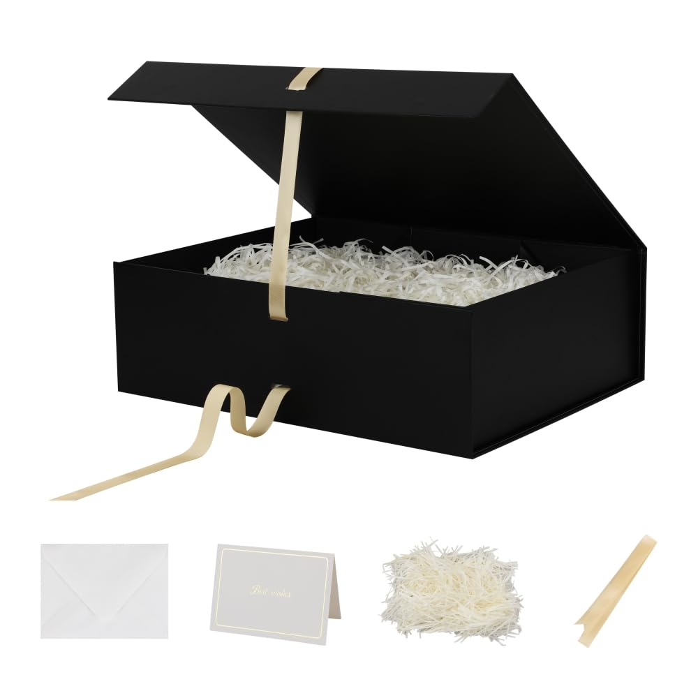 BoxSkivra Large Black Gift Box with Ribbon 1 Pack 16.5X13X5.3 Inch Extra Large Gift Box with Lid Magnetic Closure Rectangle Collapsible Luxury Boxes for Wedding Dress、Shredded Paper Filler & Card