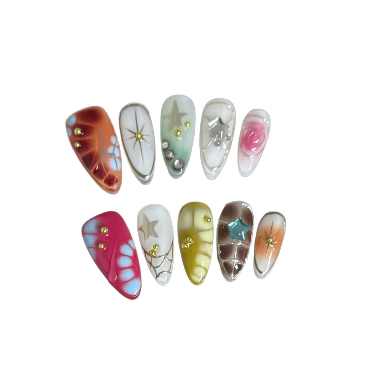 10Pcs Medium Almond Handmade Press On Nails | Easy Apply & Remove, Reusable Salon Quality Nails | Y2K Punk Multicolor Fake Nails with 3D Floral, Star & Gold Bead Accents(5U01, S)