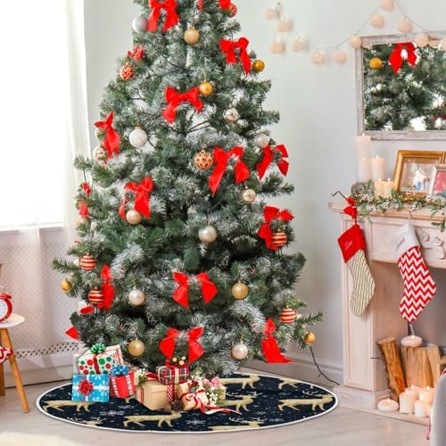 Pfrewn Christmas Gold Deer on Black Christmas Tree Skirt 48" Farmhouse Winter Mini Xmas Tree Skirts Mat for Welcome Holiday Party Supplies Rustic Ornaments Indoor Home Decor