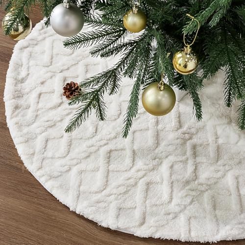 Faux Fur Christmas Tree Skirt: 36 Inch White Plush Faux Fur Cover with Crossed Diamond Textured Pattern, Rustic Merry Home Decor