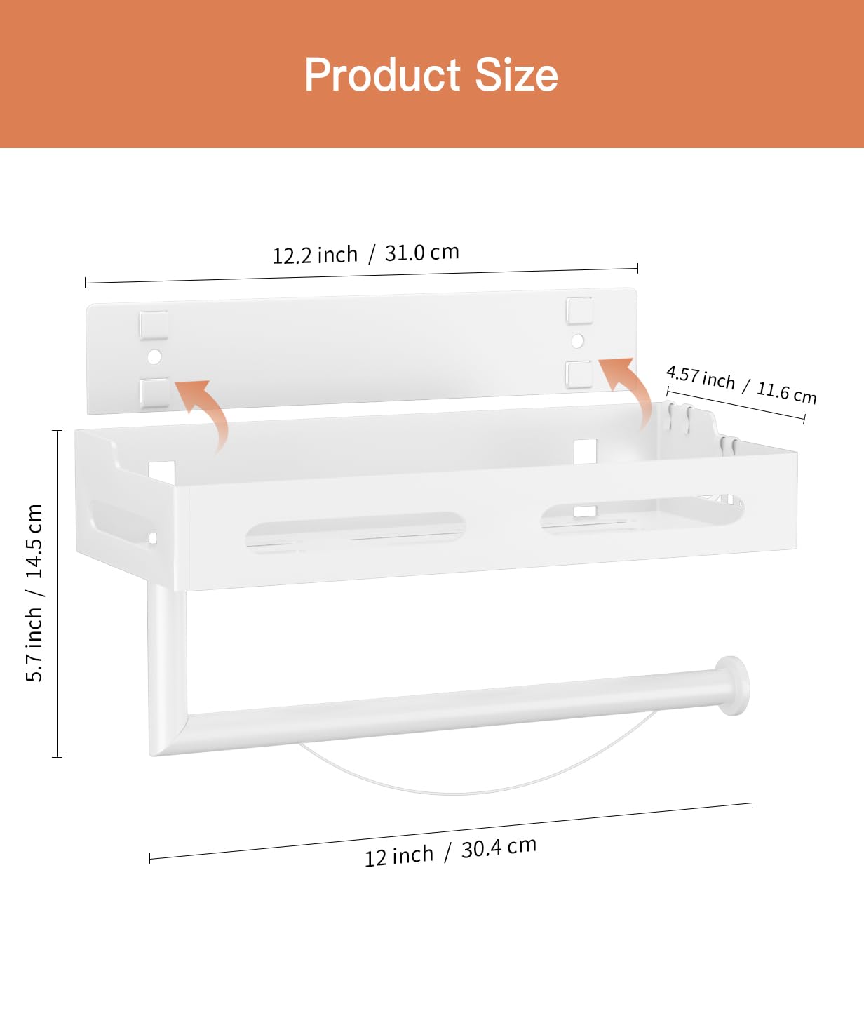 Paper Towel Holder Wall Mount with Shelf, Easy One Hand Tear, Adhesive Glue or Drill Mount Hanging Paper Towel Holder with Shelf for Kitchen/Bathroom/RV, White Metal, 4 Hooks