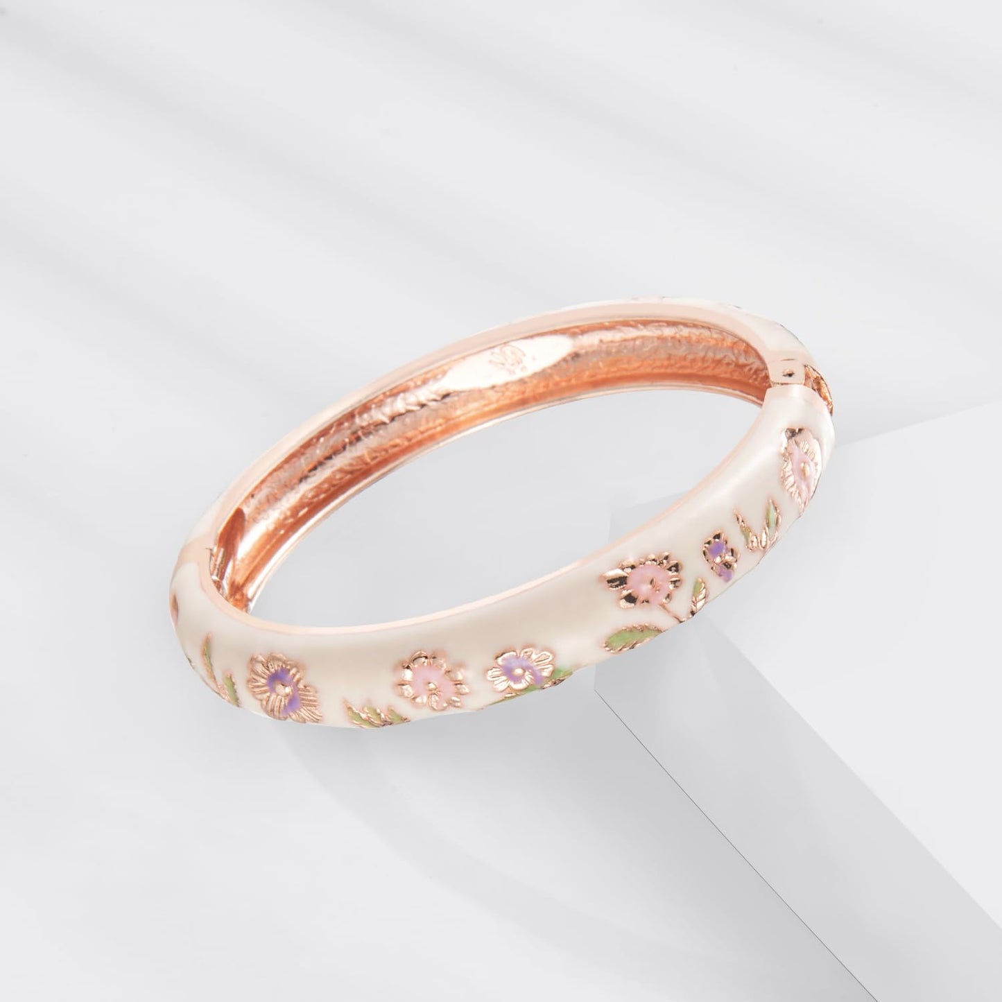 UJOY Elegant Bracelet Plated Enameled Jewelry Spring Hinge Metal Cuff Flower Heart Cloisonne Bangles Set Gift Box Packed 55A18-55A45 Cream Pink