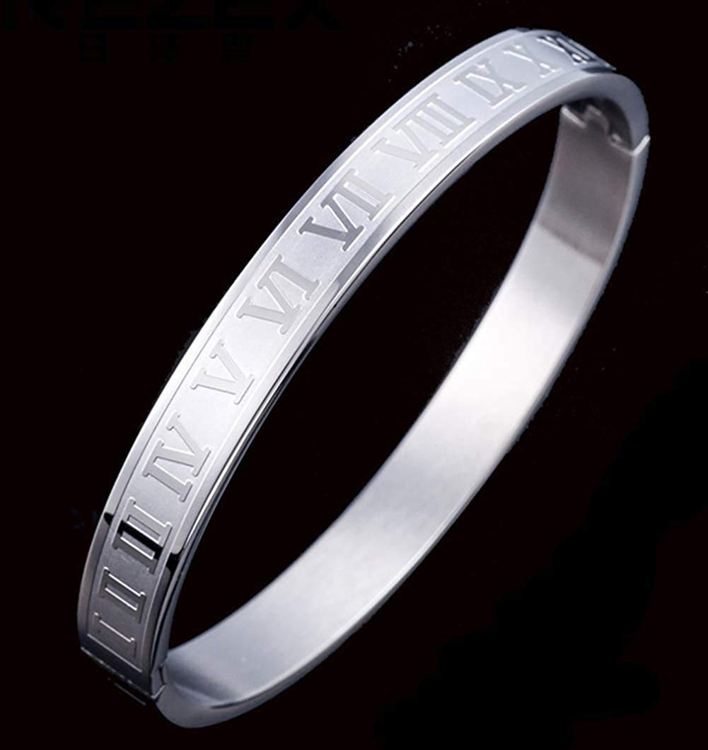 Jarlinwel Gold Silver Plated Bracelets for Men Women Roman Numeral Bangle Bracelet Stainless Steel Personalized Engraved Unisex Gift (Silver 8mm Mens)
