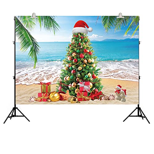 July Christmas Backdrop Banner Summer Christmas Tree Photography Background Tropical Beach Xmas Palm Leaves Blue Sky Ocean Family Holiday Party Photo Backdrop (7X5FT(82x59inch)) - size: 7X5FT(82x59inch)