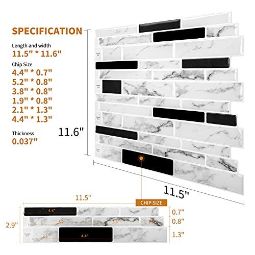 WOWSTAR 10-Sheet Peel and Stick Backsplash Tile for Kitchen Wall, Back Splash Stick On Tiles for Kitchen （12"x12", White Marble） - color: White Marble