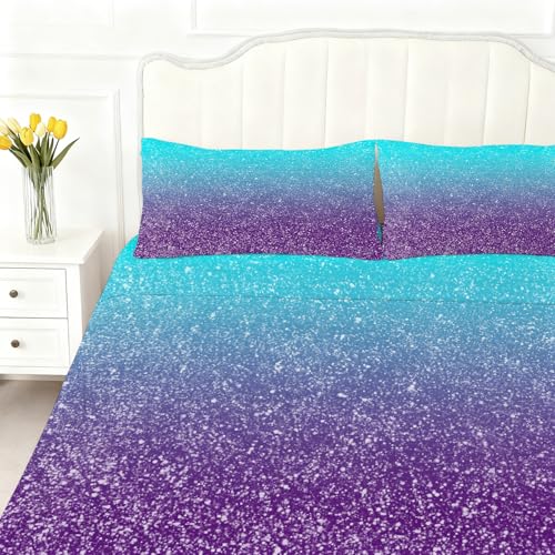 Gradient Blue Purple Sheet Set for Kids Twin Size Dreamy Fitted Sheet Set Glitter Sheet Soft Microfiber 3-Piece Sheet Set 1 Fitted Sheet+1 Flat Sheet+1 Pillowcase Cartoon Bedding Set - color: Blue and Purple, size: Twin