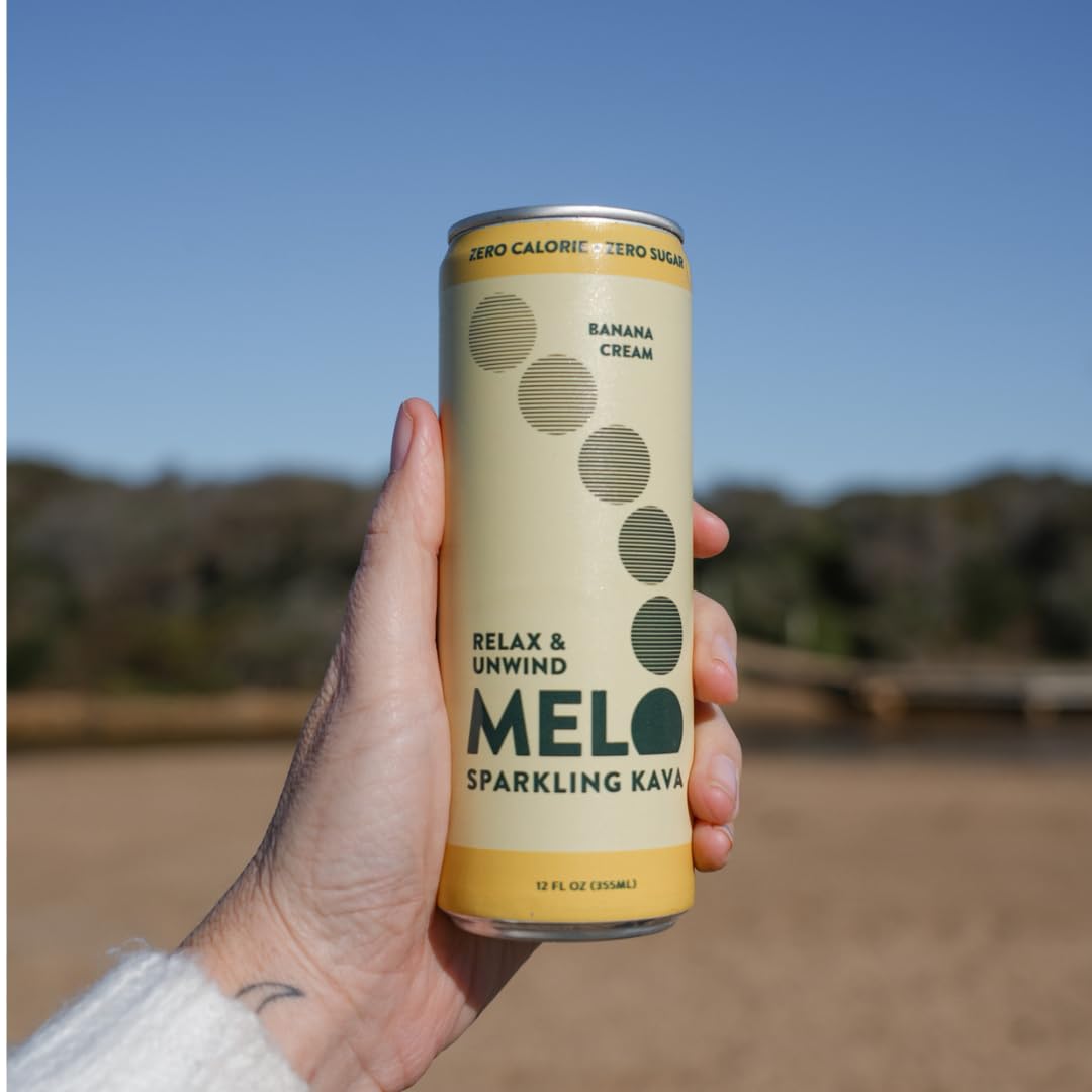 Melo Sparkling Kava Drink, Banana Cream, Sugar Free Non Alcoholic Drinks with Zero Calories, Gluten Free, Vegan, 100% Natural Mocktail with 750mg Kava Root per Drink, 12 Pack, 12 oz Cans